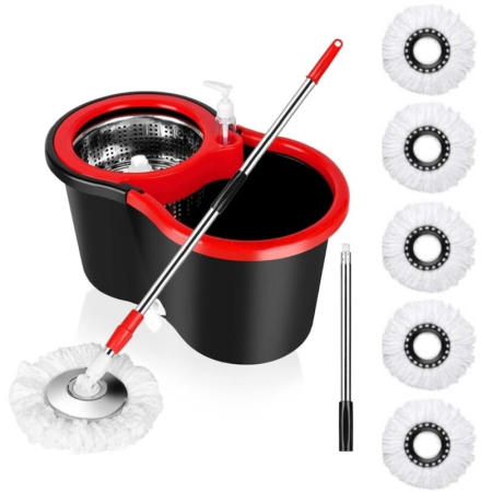 Casa si Bucatarie - Set Mop Rotativ cu Găleată și Sistem de Stoarcere, Mâner Reglabil 155 cm din Oțel Inoxidabil, Capacitate 8L, Rosu-Negru, Include 5 Rezerve