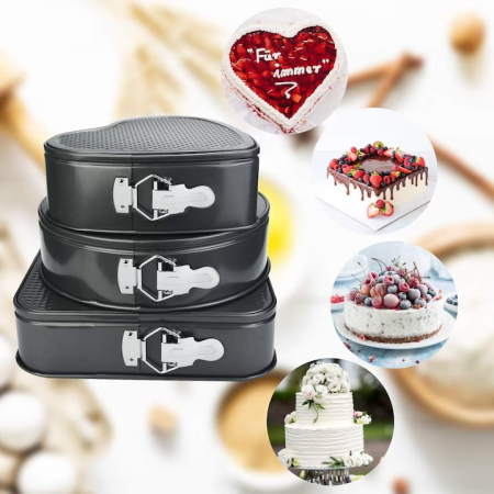 Set Tăvi de Copt Antiaderente cu Pereți Detașabili, 3 Bucăți, Oțel Carbon, Forme Diferite – Negru [1]