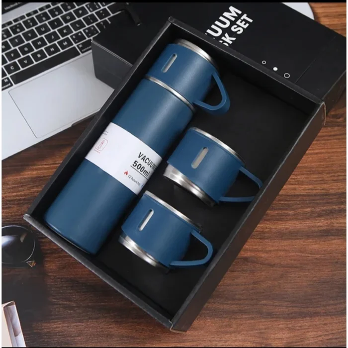 Casa si Bucatarie - Set termos 500 ml și 3 cești 150 ml, 4 piese, design compact,ideal pentru calatorii, Albastru