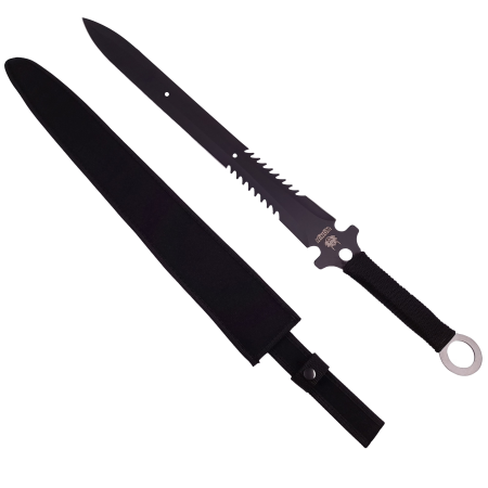 Set topor multifuncțional de camping cu cuțit și accesorii de supraviețuire + sabie de vânătoare cu teacă inclusă, oțel 440C, dimensiuni 35.5 cm / 68.5 cm [1]