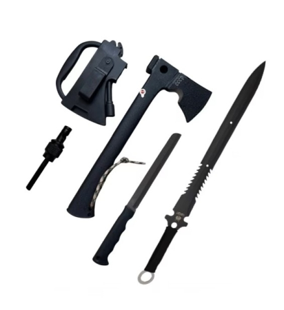 Casa si Bucatarie - Set topor multifuncțional de camping cu cuțit și accesorii de supraviețuire + sabie de vânătoare cu teacă inclusă, oțel 440C, dimensiuni 35.5 cm / 68.5 cm
