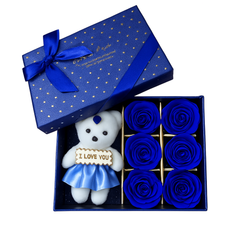 Flori de sapun parfumate - Set Ursuleț de Pluș + 6 Trandafiri Roșii din Săpun Parfumat, Cutie Elegantă engross