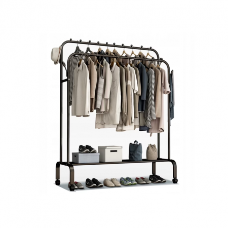 Rafturi, Organizatoare si Suporturi - Suport de haine suspendat din metal cu poliță de depozitare și cârlige laterale, Negru-Alb  engross
