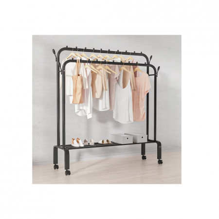 Suport de haine suspendat din metal cu poliță de depozitare și cârlige laterale, Negru-Alb  engross [9]