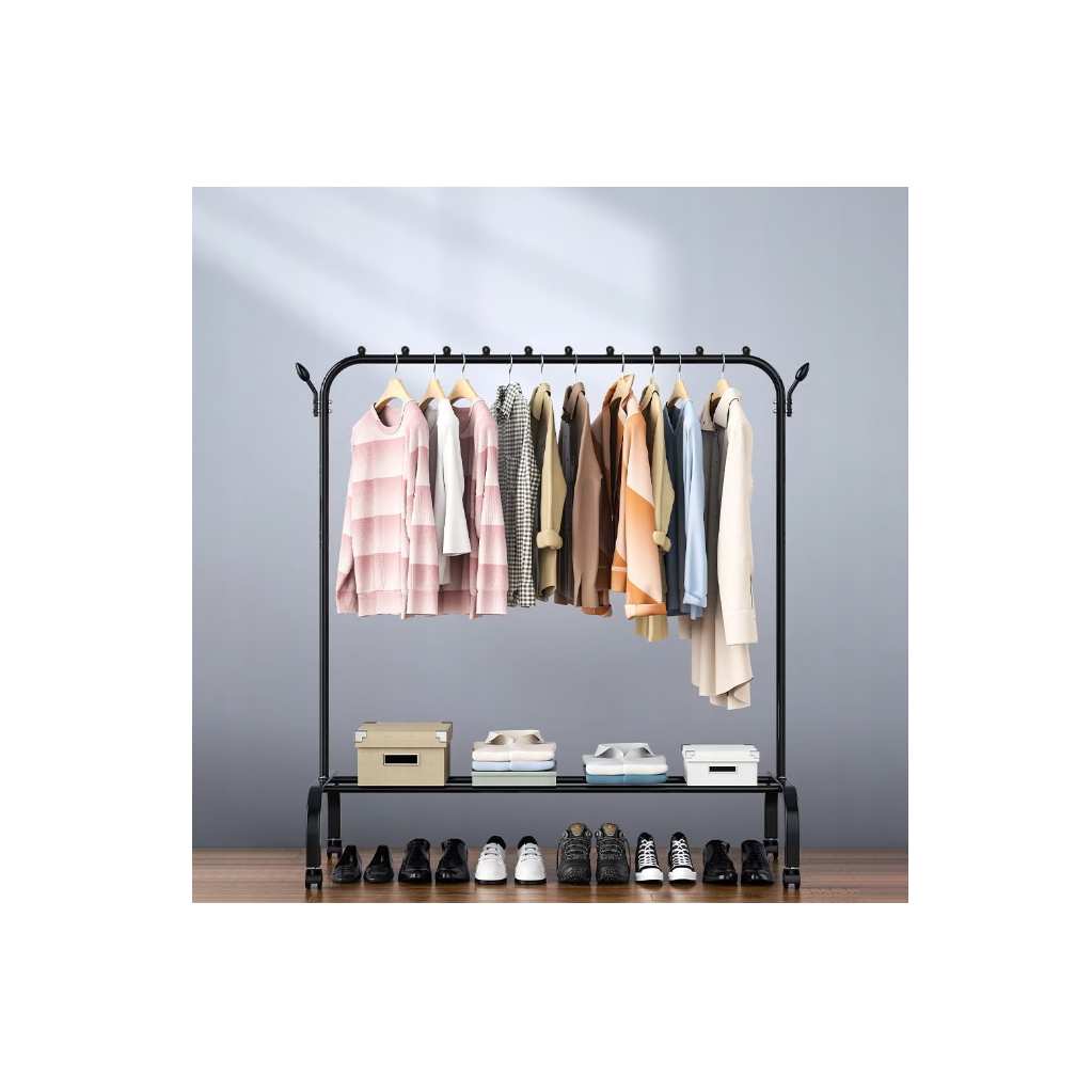 Suport de haine suspendat din metal cu poliță de depozitare și cârlige laterale, Negru-Alb  engross [10]