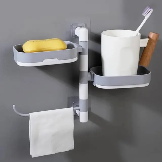 Rafturi, Organizatoare si Suporturi - Suport Rotativ Multifuncțional pentru Baie, Plastic Rezistent, Montare Ușoară, Alb/Gri engross