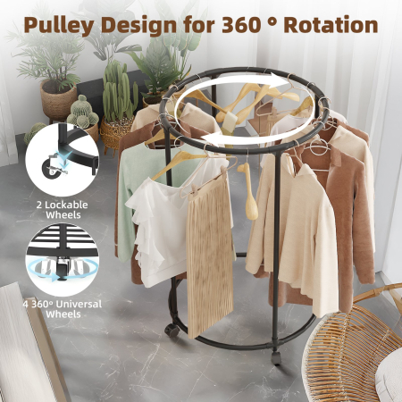 Suport rotund pentru haine, Oțel inoxidabil, Cu roți, Diametru bară 130 cm, Capacitate 30 kg, Negru [3]