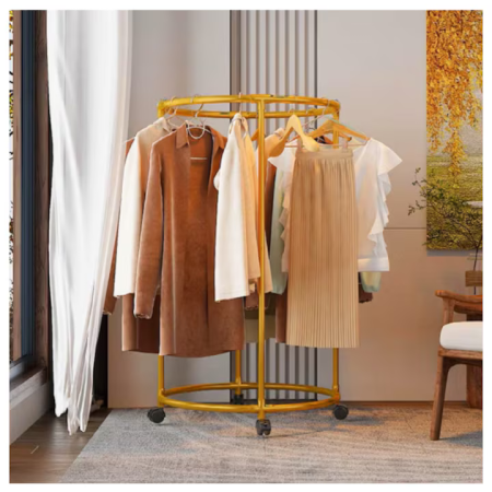 Suport rotund pentru haine, Oțel inoxidabil, Cu roți, Diametru bară 130 cm, Capacitate 40 kg, Auriu [4]