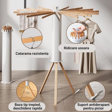 Uscător de Rufe / Suport de Haine Pliabil din Lemn Rezistent – Reglabil, 12/16 Bete, Rotire 360°, Protecție UV engross [9]