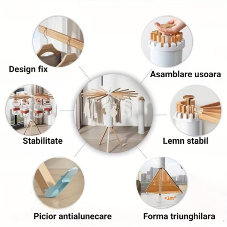 Uscător de Rufe / Suport de Haine Pliabil din Lemn Rezistent – Reglabil, 12/16 Bete, Rotire 360°, Protecție UV engross [10]