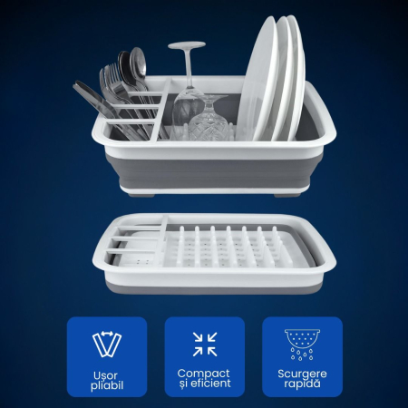 Uscător pliabil pentru vase și tacâmuri, Cu picurător, Silicon + Plastic, 31x16,2 cm, Gri-alb, Compartimente multiple [7]