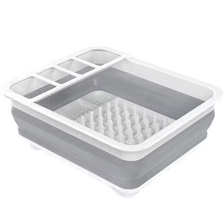 Uscător pliabil pentru vase și tacâmuri, Cu picurător, Silicon + Plastic, 31x16,2 cm, Gri-alb, Compartimente multiple [1]