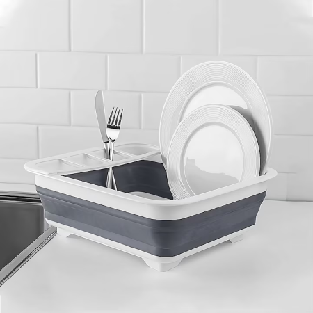 Uscător pliabil pentru vase și tacâmuri, Cu picurător, Silicon + Plastic, 31x16,2 cm, Gri-alb, Compartimente multiple [2]
