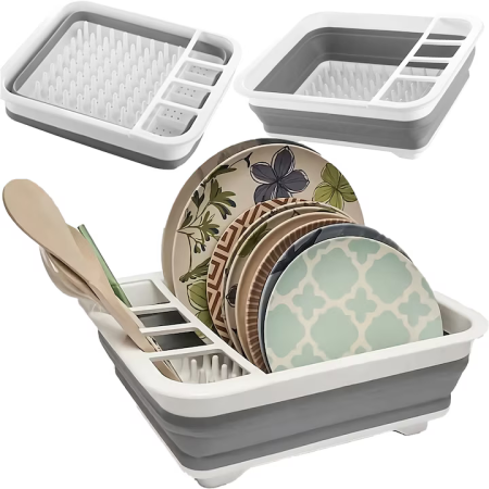 Casa si Bucatarie - Uscător pliabil pentru vase și tacâmuri, Cu picurător, Silicon + Plastic, 31x16,2 cm, Gri-alb, Compartimente multiple