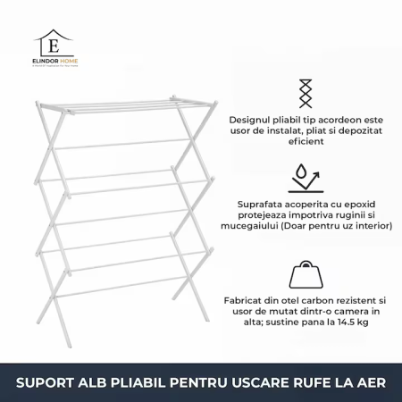 Uscător vertical rufe pliabil, 37x75x106 cm, oțel carbon, suport 14.5 kg, design compact tip acordeon, alb [5]