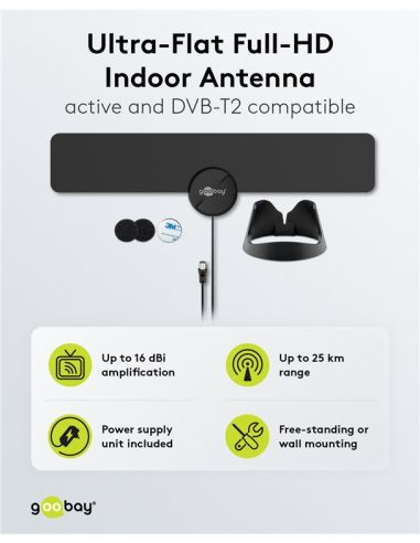 Antenă digitală terestră 4G/LTE, ultra-subțire, activă, Full HD DVB-T2 pentru interior Goobay 67183 [3]