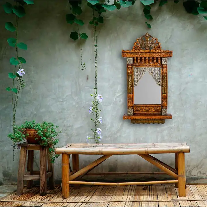 Oglindă indiană din lemn sculptat manual, cu ramă ornamentală, 31 x 7 x 71 cm [2]