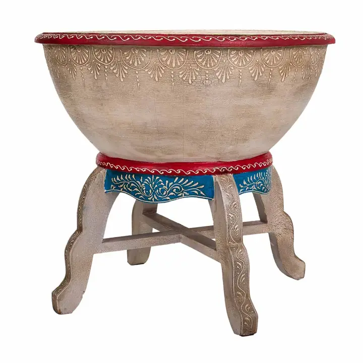 Taburet decorativ indian în formă de tobă, din lemn pictat manual [2]