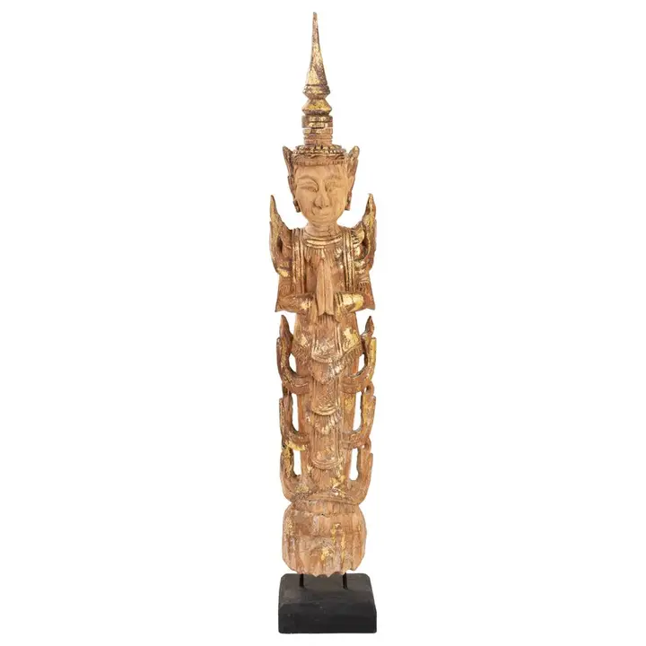 Statuetă decorativă thailandeză din lemn, cu finisaj auriu antichizat, 76 cm [2]