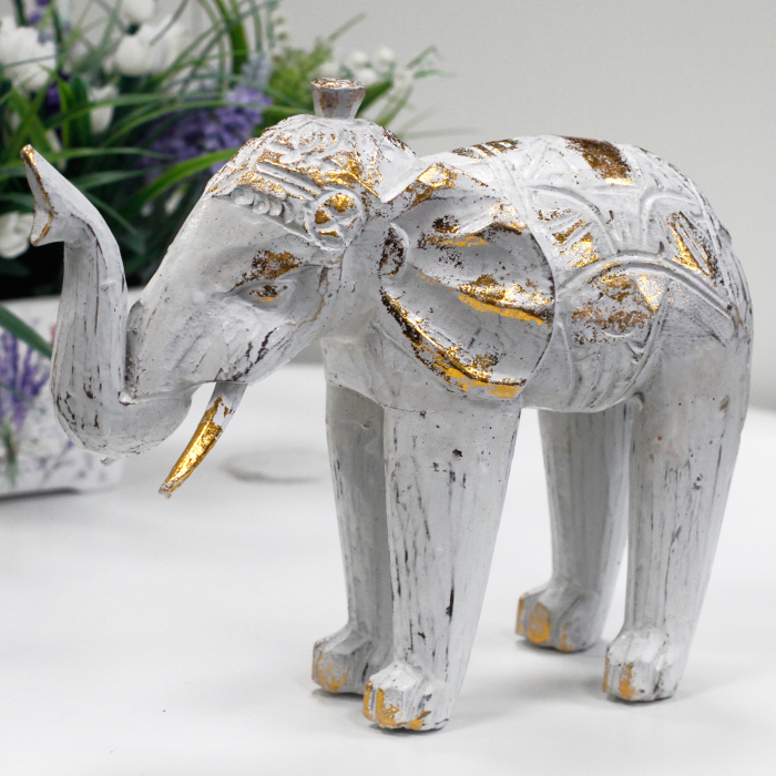 Elefant Sculptat Manual din Lemn, Alb si Auriu [3]