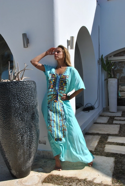 Kaftan turcoaz cu Broderie, bumbac egiptean [3]
