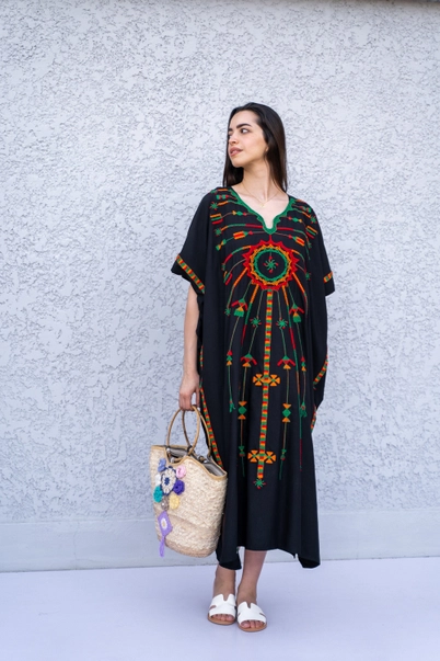 Kaftan negru cu Broderie, bumbac egiptean [3]