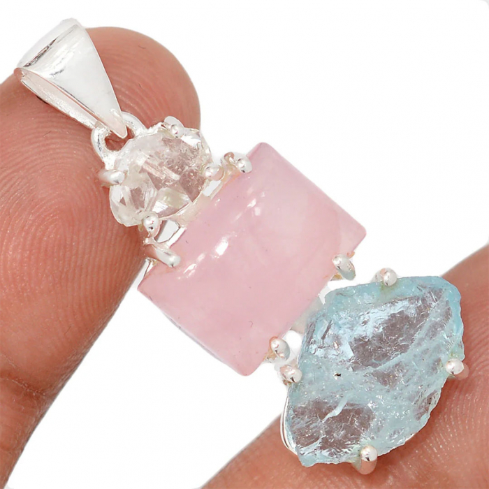 Pandantiv Diamant Herkimer, Cuart Roz si Acvamarin - Argint 925 - M02 [2]