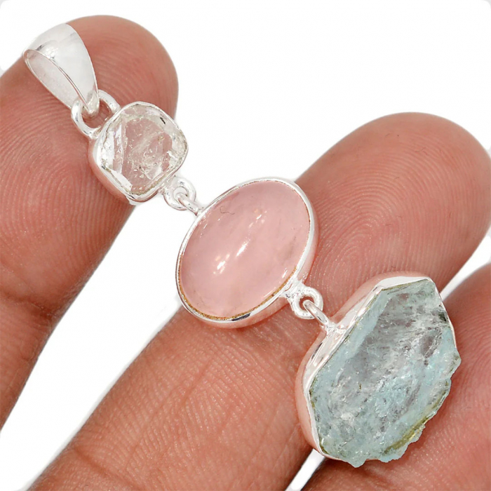 Pandantiv Diamant Herkimer, Cuart Roz si Acvamarin - Argint 925 - M01 [2]