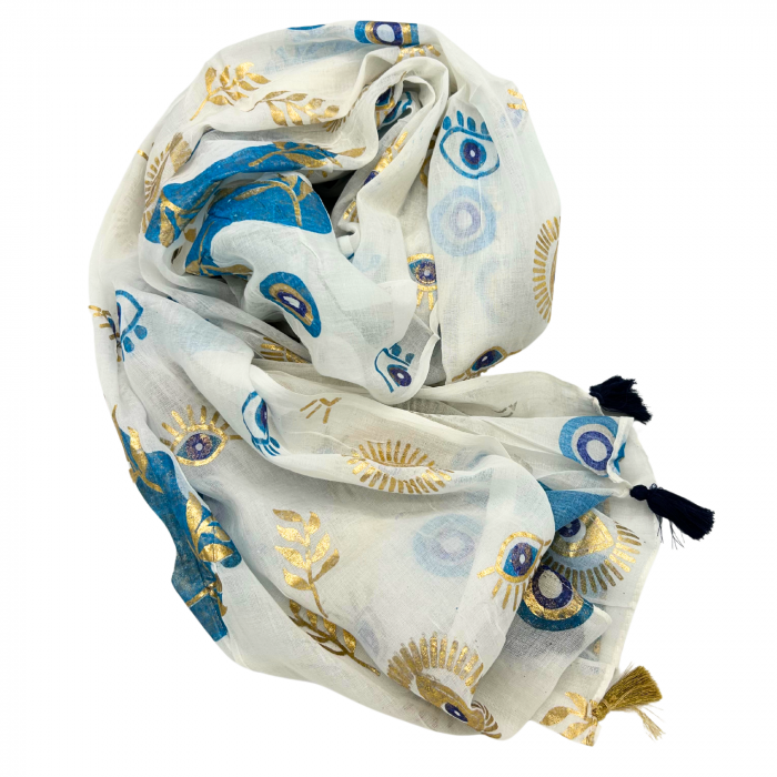 Sarong, Alb si Auriu cu Ochiul Rau pictat manual, 110x180 cm [1]
