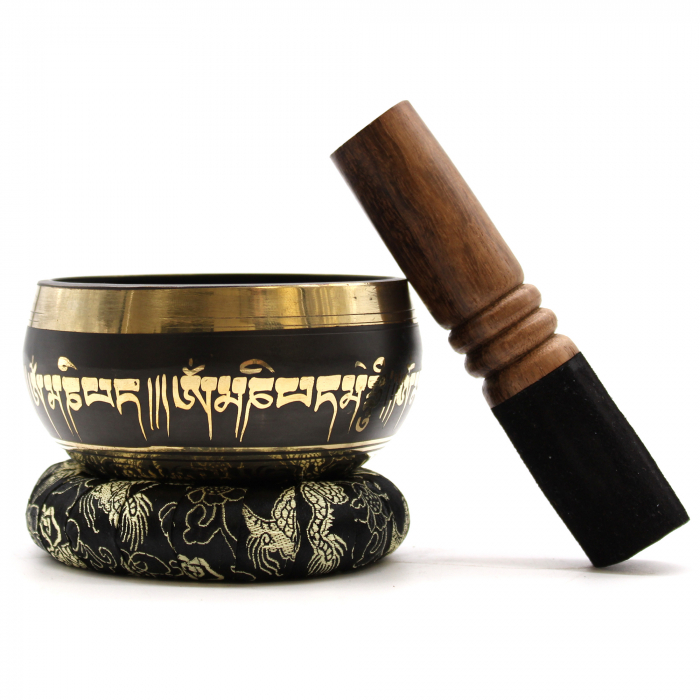 Set Bol Tibetan cantator Floare de Lotus cu ciocanel din lemn, 9 cm, Negru [1]