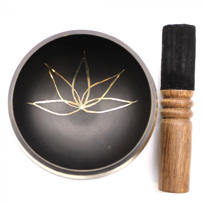 Set Bol Tibetan cantator Floare de Lotus cu ciocanel din lemn, 9 cm, Negru [2]