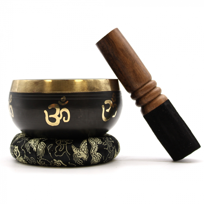 Set Bol Tibetan cantator Yoga Om cu ciocanel din lemn, 9 cm, Negru [1]