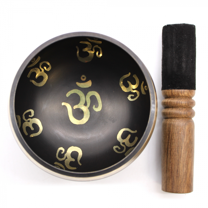 Set Bol Tibetan cantator Yoga Om cu ciocanel din lemn, 9 cm, Negru [2]