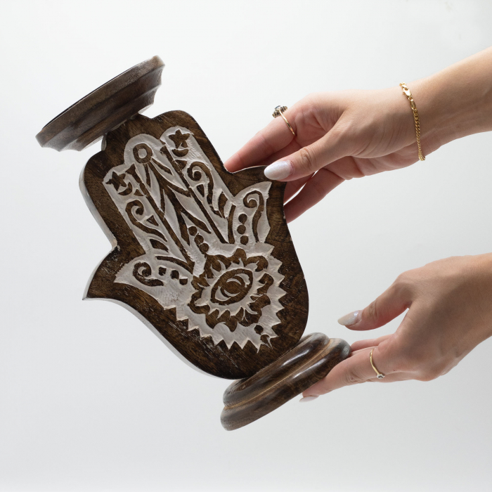 Suport pentru lumanari Hamsa, 25 x 18 cm, lemn de mango [3]