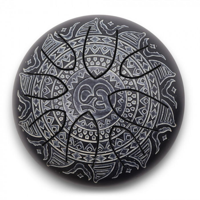 Toba metalica sculptata cu 8 note, simboluri Ohm si Mandala, handpan [3]