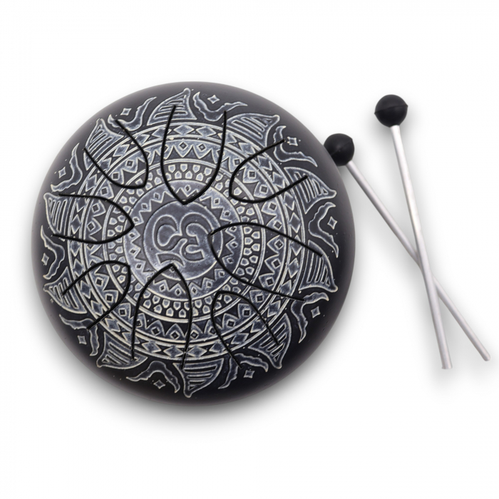 Toba metalica sculptata cu 8 note, simboluri Ohm si Mandala, handpan [4]