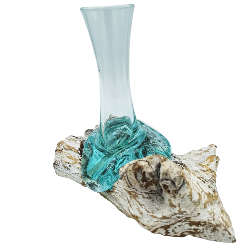 Vaza mica din Sticla Topita pe lemn, Alb spalat [2]