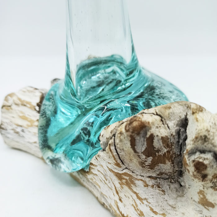 Vaza mica din Sticla Topita pe lemn, Alb spalat [4]