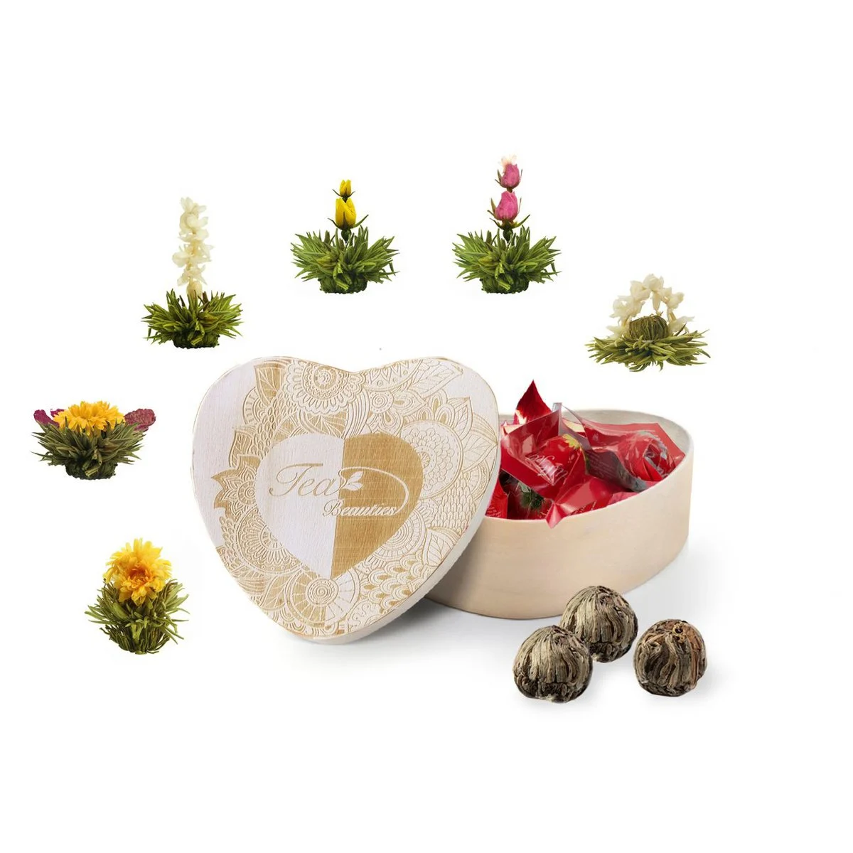 Blooming Tea/ Ceaiuri care infloresc - Set cadou Blooming Tea,ceai alb, cutie lemn în formă de inimă