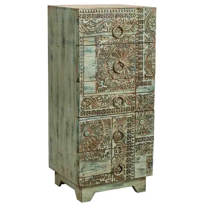 Mic mobilier - Dulăpior din lemn sculptat, cu sertare și finisaj turcoaz antichizat, 45 x 40 x 100 cm