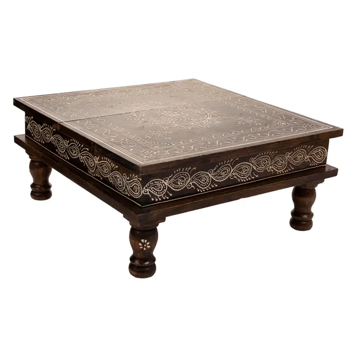 Mic mobilier - Măsuță joasă indiană din lemn pictat manual, cu motive florale, 38 x 38 x 17 cm