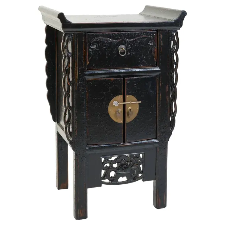 Mic mobilier - Dulăpior sculptat, negru antichizat, cu sertar și două uși, 51 x 40 x 84 cm