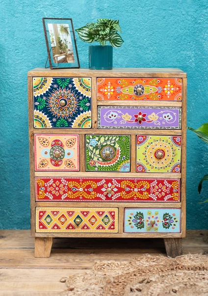 DECORATIUNI - Comoda Sankalaka Pictata Manual cu 9 Sertare