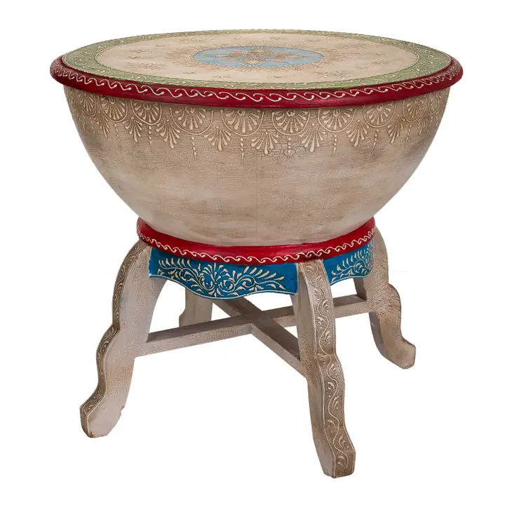 Mic mobilier - Taburet decorativ indian în formă de tobă, din lemn pictat manual