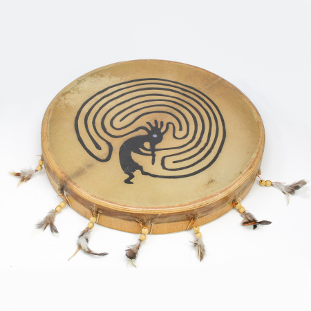 SPIRITUALITATE - Toba Samanica cu Piele de Capra si Simbol Kokopelli – 45 cm