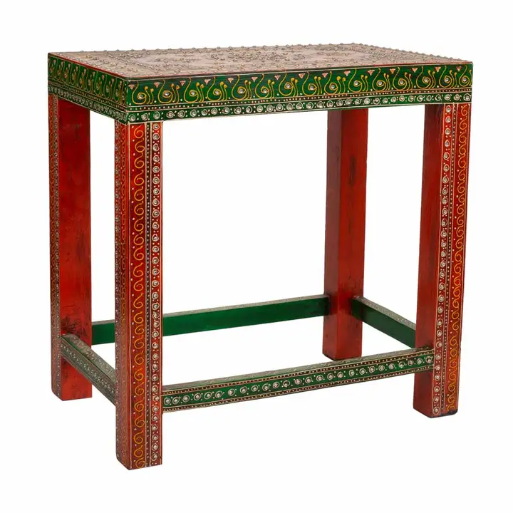 Mic mobilier - Măsuță decorativă indiană din lemn pictat manual, roșu și verde, 45 x 29,5 x 45 cm