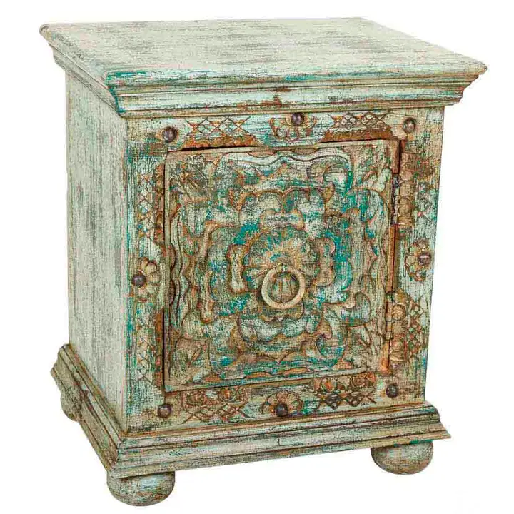 Mic mobilier - Măsuță decorativă indiană din lemn sculptat manual, cu finisaj antichizat