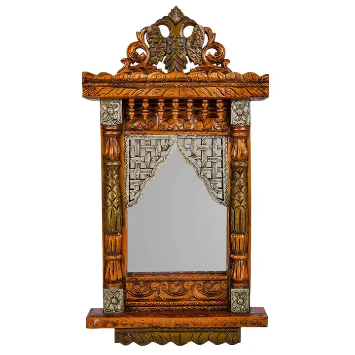 Decoratiuni de perete - Oglindă indiană din lemn sculptat manual, cu ramă ornamentală, 31 x 7 x 71 cm
