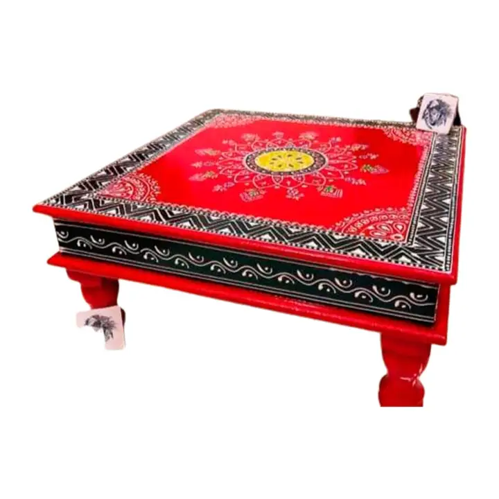 Mic mobilier - Măsuță roșie joasă indiană din lemn pictat manual, cu motive florale, 38 x 38 x 17 cm