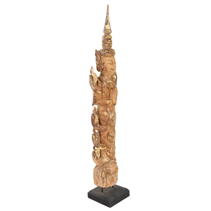 Statui si statuete - Statuetă decorativă thailandeză din lemn, cu finisaj auriu antichizat, 76 cm